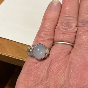 Sterling Silver Ring with Pale Blue Cabochon Agate and Decorative Band